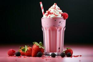 ai genererad ljuv frestelse kall rosa milkshake, en läcker blandning av jordgubb godhet foto