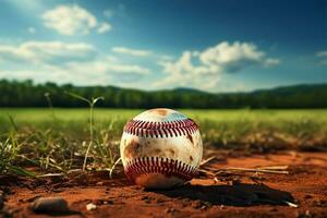 ai genererad amerikan tidsfördriv baseboll på en gräs- fält, årgång retro grafisk konst foto