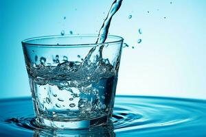 ai genererad blå förfriskning häller vatten in i en glas på en blå bakgrund foto