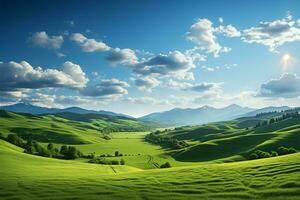 ai genererad landskap locka illustration av en grön fält gräs kullar scen foto