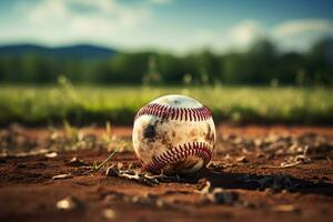 ai genererad amerikan tidsfördriv baseboll på en gräs- fält, årgång retro grafisk konst foto