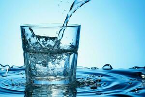 ai genererad Häll i fullkomlighet vatten varelse hällde in i en glas på blå foto