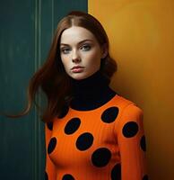 ai genererad de modell är bär ett orange och svart sticka turtleneck Tröja, foto