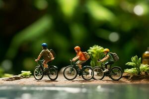 ai genererad reser cyklister miniatyr- siffror på Cyklar, grön bokeh bakgrund scen foto