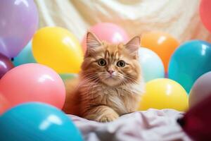 ai genererad söt ingefära katt liggande på färgrik ballonger på födelsedag fest, närbild, förtjusande ingefära katt omgiven förbi färgrik ballonger medan Sammanträde på en säng, fluffig sällskapsdjur, ai genererad foto