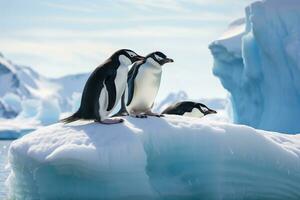 ai genererad gentoo pingviner pygoscelis papua på isberg i Antarktis, hakrem pingviner, pygoscelis Antarktis, på ett isberg av de söder shetland öar, ai genererad foto