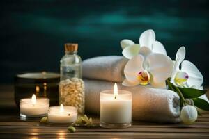 ai genererad spa fortfarande liv med vit orkidéer, ljus och handdukar, skönhet spa behandling med ljus, ai genererad foto