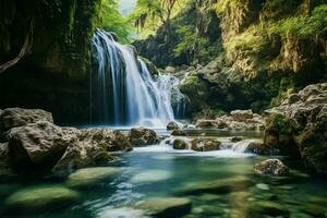 ai genererad vattenfall undra jogkradin i de djup skog på kanchanaburi, naturlig skönhet foto