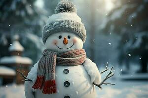 ai genererad frostig vän snögubbe står lång i vinter- landskap bakgrund foto