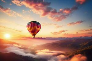 ai genererad luftburet glädje varm sommar soluppgång, ballong resa, natur landskap frihet foto