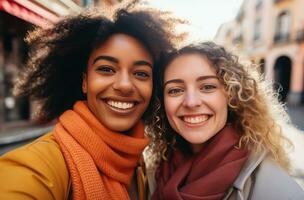 ai genererad två kvinnor tar en selfie i de gata foto