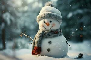 ai genererad yuletide glädje snögubbe i vinter- landskap, Plats för festlig text foto