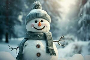 ai genererad frostig vän snögubbe står lång i vinter- landskap bakgrund foto