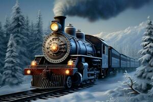 ai genererad digital vinter- scen ånga lokomotiv i snöig skog, 3d illustration foto