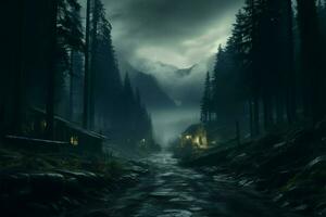 ai genererad nattlig mystik dimmig, dimmig natt i en mörk skog landskap foto