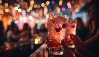 ai genererad hand innehav cocktail på natt fest på klubb foto