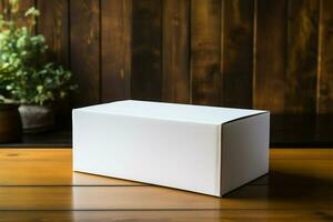 ai genererad minimalistisk elegans vit papper låda på en naturlig trä bakgrund foto