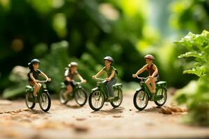 ai genererad trampa glädje miniatyr- människor på cyklar med en grön bokeh bakgrund foto