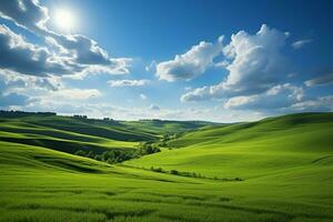ai genererad naturskön skönhet grön fält gräs kullar landskap i en grafisk foto