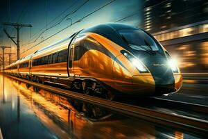 ai genererad grafisk hastighet hög hastighet tåg rör på sig på de järnväg, företag äventyr foto
