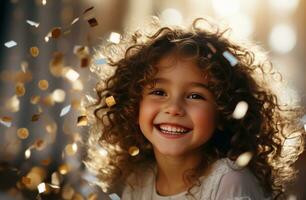 ai genererad liten flicka leende och skrattande medan en silver- ballong exploderar foto