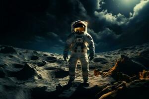 ai genererad space undra astronaut i Plats kostym utforskar de månar yta foto