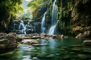 ai genererad naturer lugn jogkradin i de djup skog på kanchanaburi smaragd- vattenfall foto