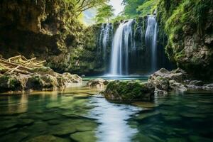 ai genererad vattenfall undra jogkradin i de djup skog på kanchanaburi, naturlig skönhet foto