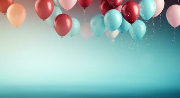 ai genererad fest födelsedag bakgrund med ballonger och konfetti foto