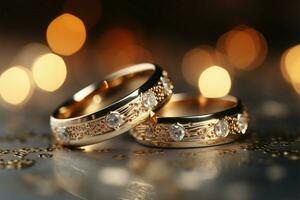 ai genererad dyrbar band silver- och guld bröllop ringar, bokeh bakgrund locka foto