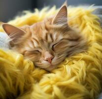 ai genererad orange tabby katt sovande i säng med fluffig filt foto