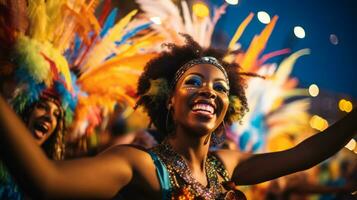 ai genererad en kvinna bär vibrerande fjädrar och en glad uttryck på en karneval firande. generativ ai foto
