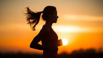 ai genererad idrottare löpning graciöst utomhus på solnedgång. generativ ai foto