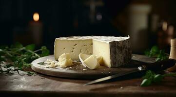 ai genererad en maträtt av ost är skära i en kniv foto