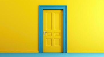 ai genererad ljus gul dörr sitter på en blå vägg foto