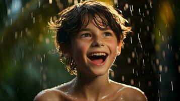 ai genererad en glad ung pojke skrattande hjärtligt medan njuter få våt. generativ ai foto