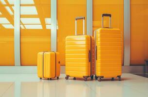 ai genererad en bagage vagn och två resväskor sitta inuti ett flygplats foto