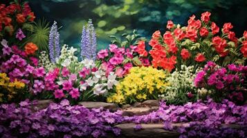 ai genererad levande trädgård med vibrerande blommor, blomstrande växter, och riklig Plats för din meddelande foto