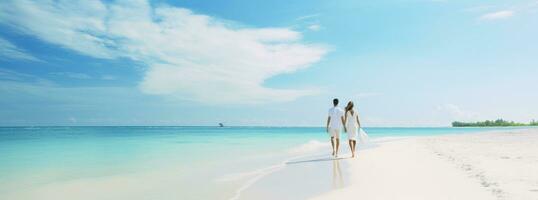 ai genererad par gående på en tropisk vit sandig strand foto