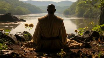 ai genererad en man sitter lugnt förbi de flod, mediterar för fred och avslappning. generativ ai foto