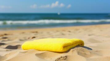 ai genererad en handduk lagd på en sandig strand, redo för använda sig av. generativ ai foto
