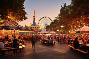 ai genererad oidentifierad människor på de fairground rider i frankfurt, Tyskland, öl tält och fairground rider på de oktoberfest i München, ai genererad foto