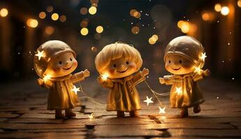 ai genererad jul nativity scen med liten änglar och ljus. foto