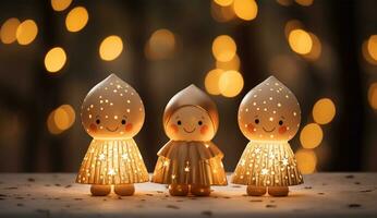 ai genererad jul nativity scen med liten änglar och ljus. foto