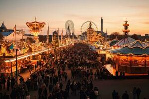 ai genererad nöje parkera på solnedgång i paris, Frankrike. människor på de bakgrund, människor på de oktoberfest i München, öl tält och fairground rider på de oktoberfest i München, ai genererad foto