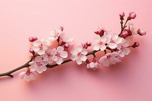ai genererad körsbär blomma gren på rosa bakgrund med kopia Plats för text, körsbär blomma på en rosa bakgrund, ai genererad foto