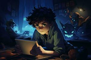 ai genererad halloween natt scen med en pojke använder sig av en läsplatta dator. 3d tolkning, pojke spelar en video spel, Sammanträde på de golv i hans rum på natt, ai genererad foto