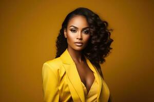 ai genererad skön afrikansk amerikan kvinna i gul jacka på gul bakgrund, attraktiv afrikansk amerikan modell i studio, gul kläder på gul bakgrund, ai genererad foto