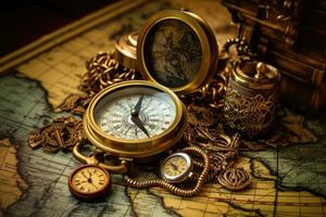 ai genererad kompass och Karta på gammal värld Karta, ett gammal kompass, teleskop, och mynt på ett antik värld Karta, ai genererad foto