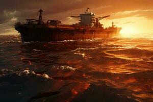 ai genererad olja och gas fartyg på de hav på solnedgång 3 d tolkning, ett olja spill i de hav, tankfartyg i de tillbaka, ai genererad foto